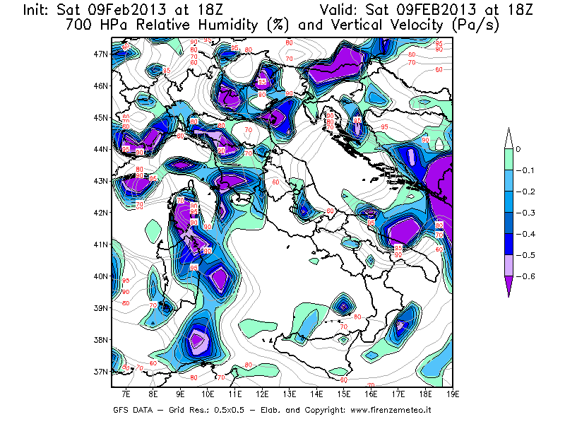 Mappa di analisi GFS - Umidità relativa [%] e Omega [Pa/s] a 700 hPa in Italia
									del 09/02/2013 18 <!--googleoff: index-->UTC<!--googleon: index-->