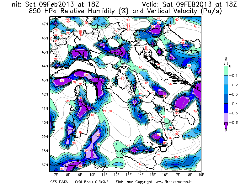 Mappa di analisi GFS - Umidità relativa [%] e Omega [Pa/s] a 850 hPa in Italia
							del 09/02/2013 18 <!--googleoff: index-->UTC<!--googleon: index-->
