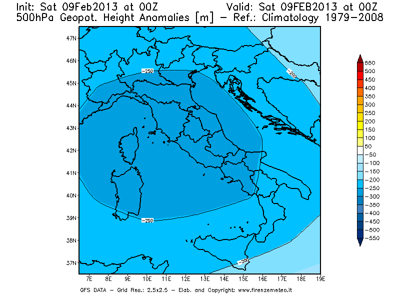Mappa di analisi GFS - Anomalia di Geopotenziale a 500 hPa in Italia
							del 09/02/2013 00 <!--googleoff: index-->UTC<!--googleon: index-->
