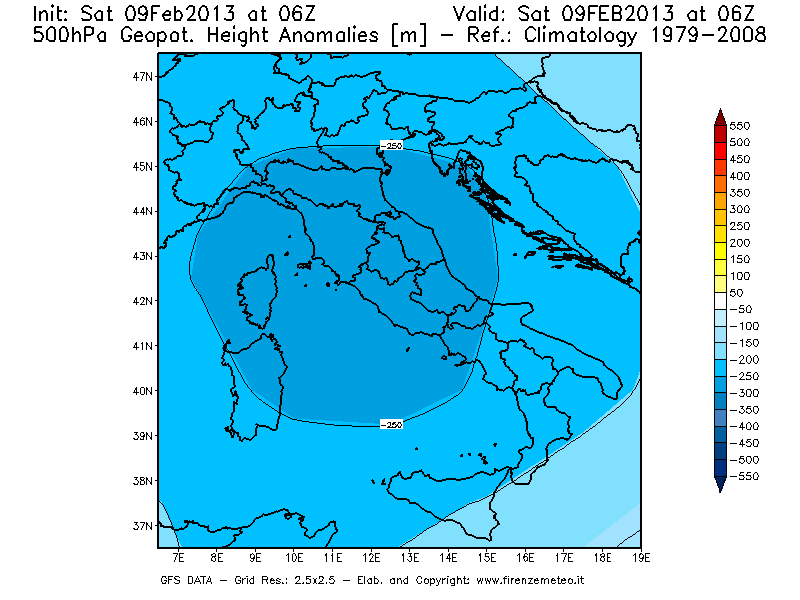 Mappa di analisi GFS - Anomalia di Geopotenziale a 500 hPa in Italia
									del 09/02/2013 06 <!--googleoff: index-->UTC<!--googleon: index-->