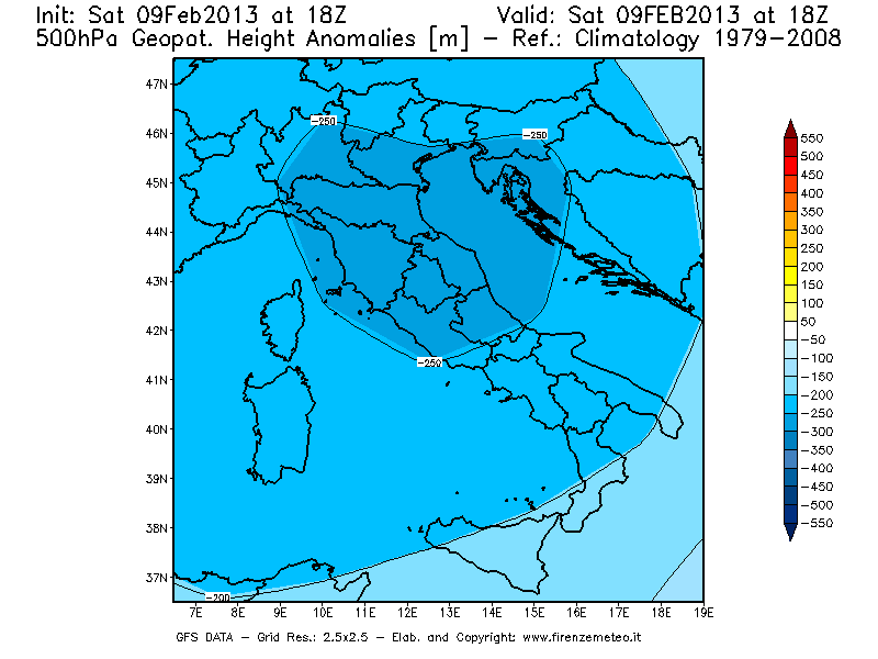 Mappa di analisi GFS - Anomalia di Geopotenziale a 500 hPa in Italia
									del 09/02/2013 18 <!--googleoff: index-->UTC<!--googleon: index-->