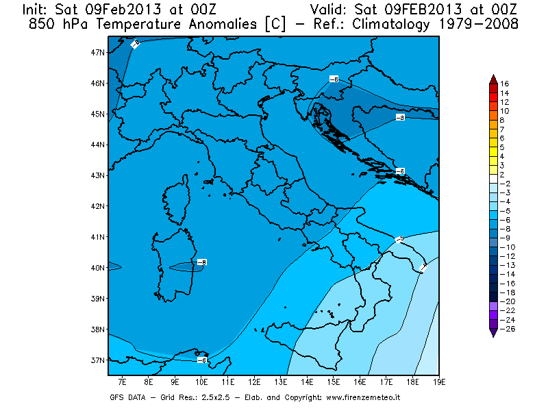 Mappa di analisi GFS - Anomalia Temperatura [°C] a 850 hPa in Italia
									del 09/02/2013 00 <!--googleoff: index-->UTC<!--googleon: index-->