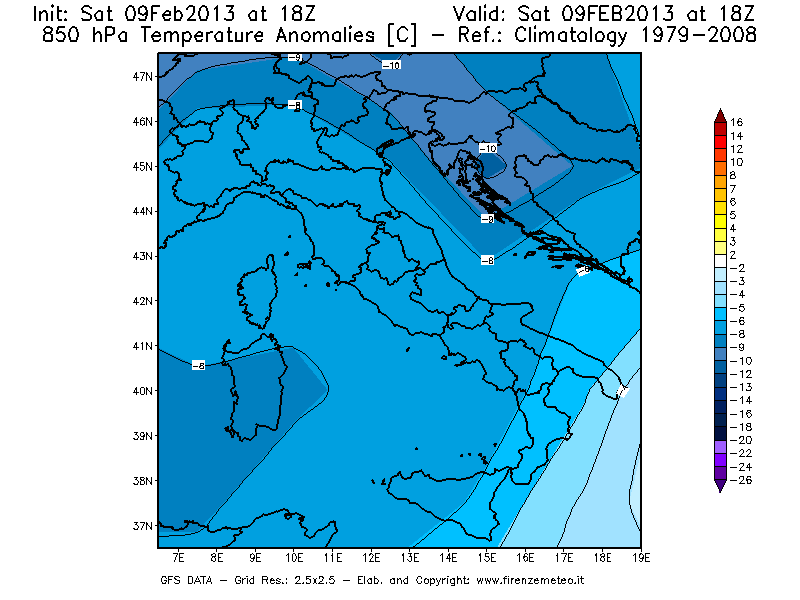 Mappa di analisi GFS - Anomalia Temperatura [°C] a 850 hPa in Italia
							del 09/02/2013 18 <!--googleoff: index-->UTC<!--googleon: index-->