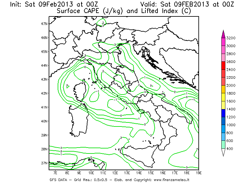 Mappa di analisi GFS - CAPE [J/kg] e Lifted Index [°C] in Italia
							del 09/02/2013 00 <!--googleoff: index-->UTC<!--googleon: index-->