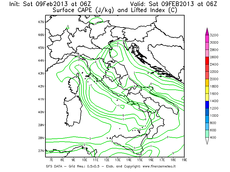 Mappa di analisi GFS - CAPE [J/kg] e Lifted Index [°C] in Italia
							del 09/02/2013 06 <!--googleoff: index-->UTC<!--googleon: index-->