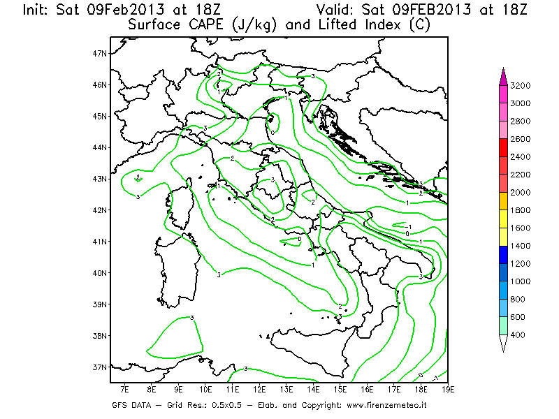Mappa di analisi GFS - CAPE [J/kg] e Lifted Index [°C] in Italia
							del 09/02/2013 18 <!--googleoff: index-->UTC<!--googleon: index-->