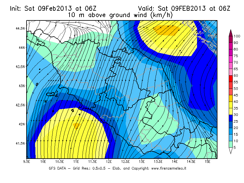 Mappa di analisi GFS - Velocità del vento a 10 metri dal suolo [km/h] in Centro-Italia
									del 09/02/2013 06 <!--googleoff: index-->UTC<!--googleon: index-->