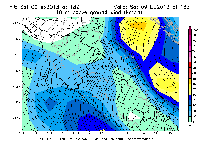 Mappa di analisi GFS - Velocità del vento a 10 metri dal suolo [km/h] in Centro-Italia
									del 09/02/2013 18 <!--googleoff: index-->UTC<!--googleon: index-->