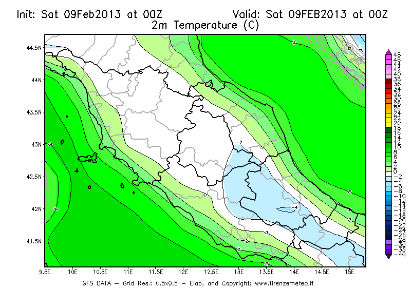 Mappa di analisi GFS - Temperatura a 2 metri dal suolo [°C] in Centro-Italia
							del 09/02/2013 00 <!--googleoff: index-->UTC<!--googleon: index-->