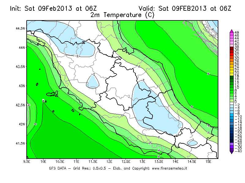 Mappa di analisi GFS - Temperatura a 2 metri dal suolo [°C] in Centro-Italia
									del 09/02/2013 06 <!--googleoff: index-->UTC<!--googleon: index-->
