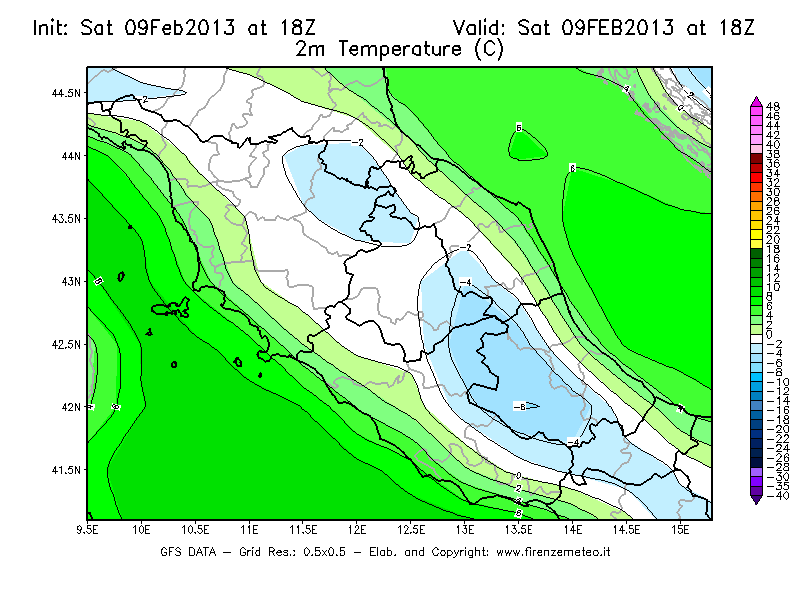 Mappa di analisi GFS - Temperatura a 2 metri dal suolo [°C] in Centro-Italia
							del 09/02/2013 18 <!--googleoff: index-->UTC<!--googleon: index-->