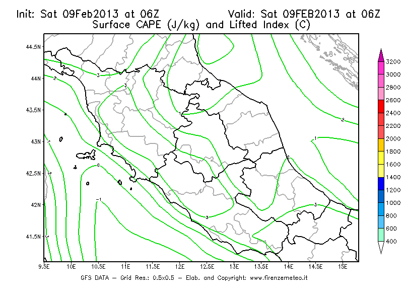 Mappa di analisi GFS - CAPE [J/kg] e Lifted Index [°C] in Centro-Italia
							del 09/02/2013 06 <!--googleoff: index-->UTC<!--googleon: index-->