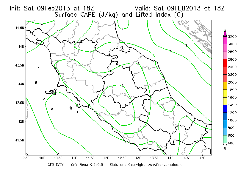 Mappa di analisi GFS - CAPE [J/kg] e Lifted Index [°C] in Centro-Italia
									del 09/02/2013 18 <!--googleoff: index-->UTC<!--googleon: index-->