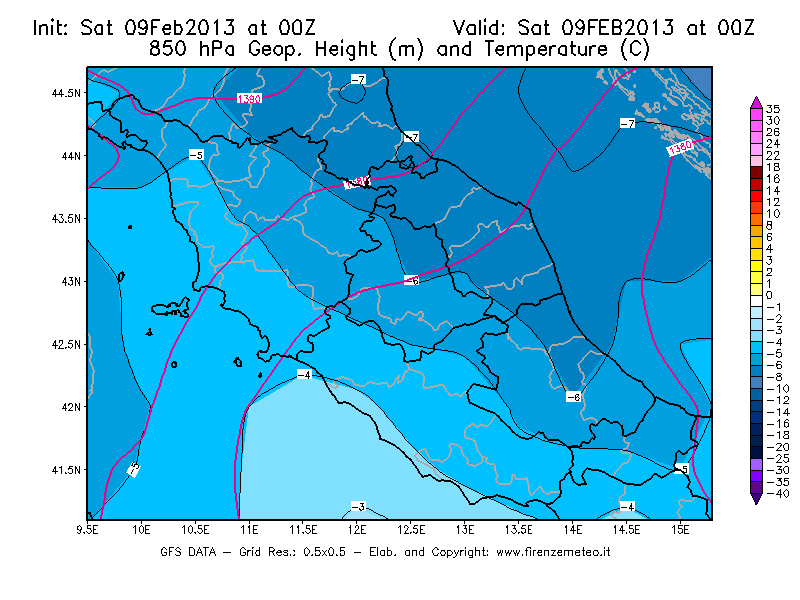 Mappa di analisi GFS - Geopotenziale [m] e Temperatura [°C] a 850 hPa in Centro-Italia
									del 09/02/2013 00 <!--googleoff: index-->UTC<!--googleon: index-->