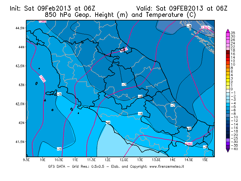 Mappa di analisi GFS - Geopotenziale [m] e Temperatura [°C] a 850 hPa in Centro-Italia
							del 09/02/2013 06 <!--googleoff: index-->UTC<!--googleon: index-->