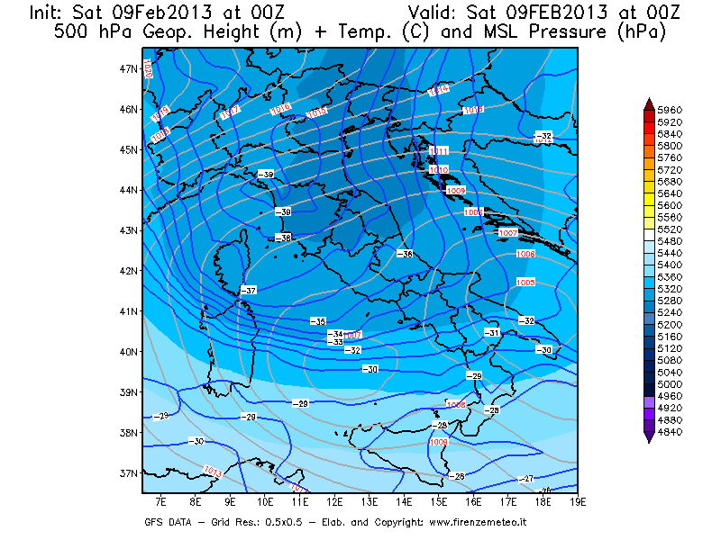 Mappa di analisi GFS - Geopotenziale [m] + Temp. [°C] a 500 hPa + Press. a livello del mare [hPa] in Italia
									del 09/02/2013 00 <!--googleoff: index-->UTC<!--googleon: index-->