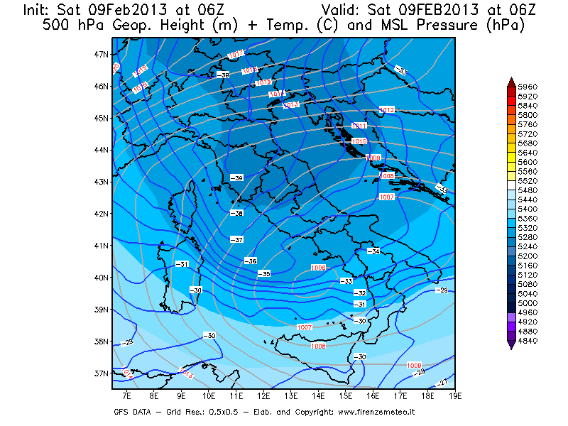 Mappa di analisi GFS - Geopotenziale [m] + Temp. [°C] a 500 hPa + Press. a livello del mare [hPa] in Italia
									del 09/02/2013 06 <!--googleoff: index-->UTC<!--googleon: index-->