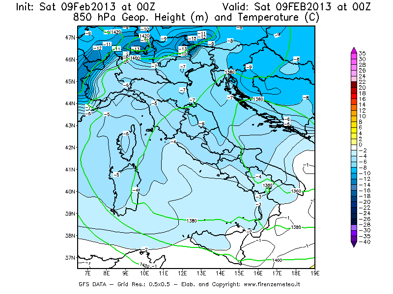 Mappa di analisi GFS - Geopotenziale [m] e Temperatura [°C] a 850 hPa in Italia
							del 09/02/2013 00 <!--googleoff: index-->UTC<!--googleon: index-->