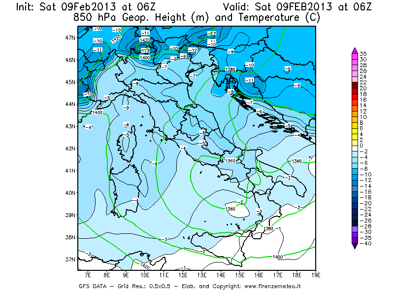 Mappa di analisi GFS - Geopotenziale [m] e Temperatura [°C] a 850 hPa in Italia
									del 09/02/2013 06 <!--googleoff: index-->UTC<!--googleon: index-->