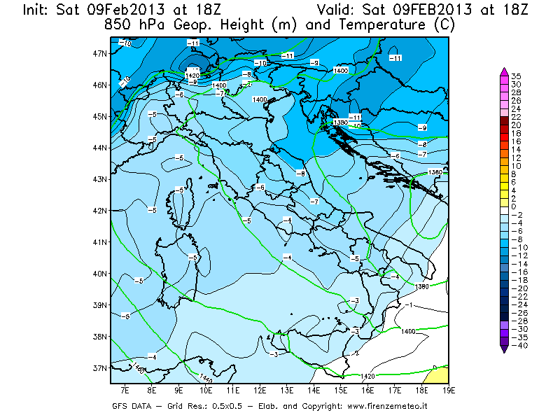 Mappa di analisi GFS - Geopotenziale [m] e Temperatura [°C] a 850 hPa in Italia
									del 09/02/2013 18 <!--googleoff: index-->UTC<!--googleon: index-->
