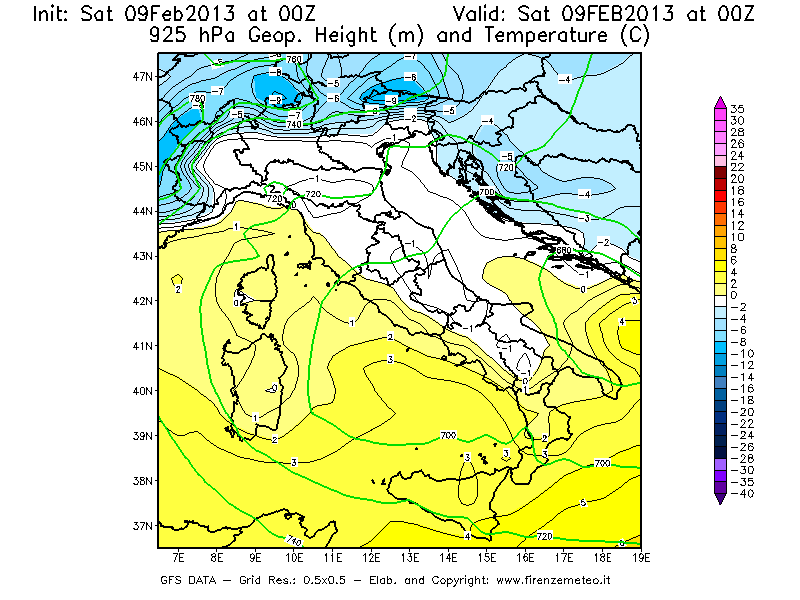 Mappa di analisi GFS - Geopotenziale [m] e Temperatura [°C] a 925 hPa in Italia
									del 09/02/2013 00 <!--googleoff: index-->UTC<!--googleon: index-->