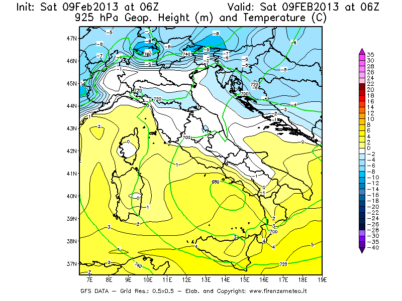 Mappa di analisi GFS - Geopotenziale [m] e Temperatura [°C] a 925 hPa in Italia
							del 09/02/2013 06 <!--googleoff: index-->UTC<!--googleon: index-->