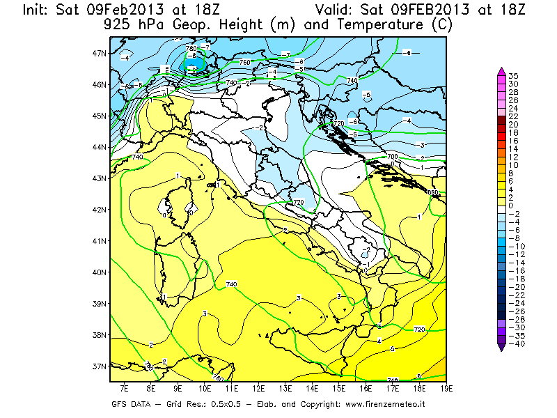 Mappa di analisi GFS - Geopotenziale [m] e Temperatura [°C] a 925 hPa in Italia
									del 09/02/2013 18 <!--googleoff: index-->UTC<!--googleon: index-->