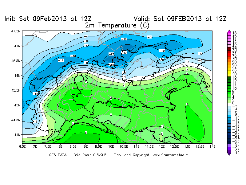 Mappa di analisi GFS - Temperatura a 2 metri dal suolo [°C] in Nord-Italia
							del 09/02/2013 12 <!--googleoff: index-->UTC<!--googleon: index-->