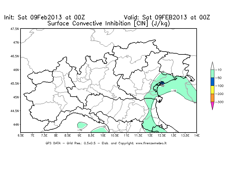 Mappa di analisi GFS - CIN [J/kg] in Nord-Italia
									del 09/02/2013 00 <!--googleoff: index-->UTC<!--googleon: index-->