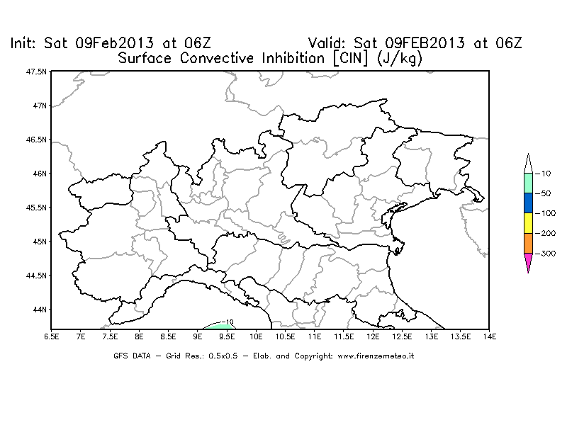 Mappa di analisi GFS - CIN [J/kg] in Nord-Italia
									del 09/02/2013 06 <!--googleoff: index-->UTC<!--googleon: index-->