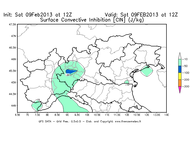Mappa di analisi GFS - CIN [J/kg] in Nord-Italia
							del 09/02/2013 12 <!--googleoff: index-->UTC<!--googleon: index-->