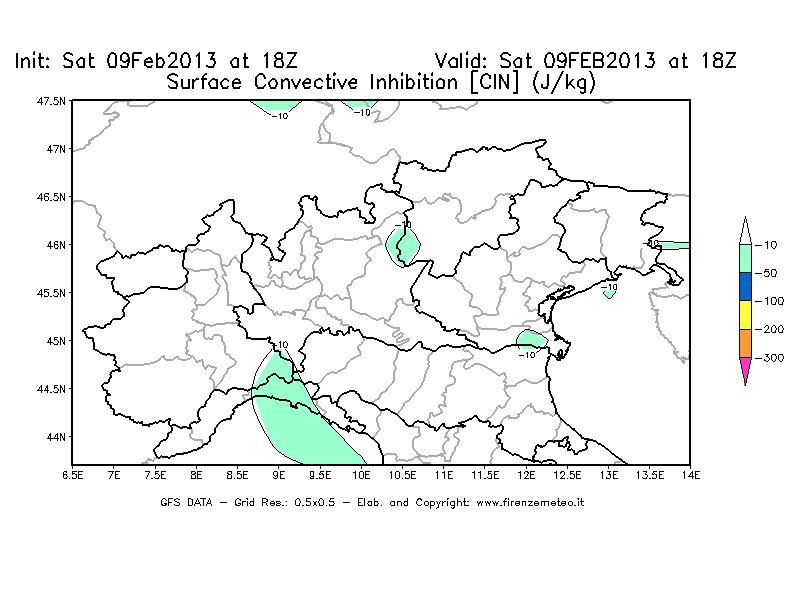 Mappa di analisi GFS - CIN [J/kg] in Nord-Italia
									del 09/02/2013 18 <!--googleoff: index-->UTC<!--googleon: index-->