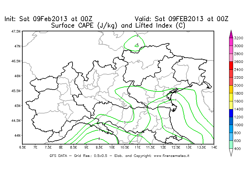 Mappa di analisi GFS - CAPE [J/kg] e Lifted Index [°C] in Nord-Italia
									del 09/02/2013 00 <!--googleoff: index-->UTC<!--googleon: index-->