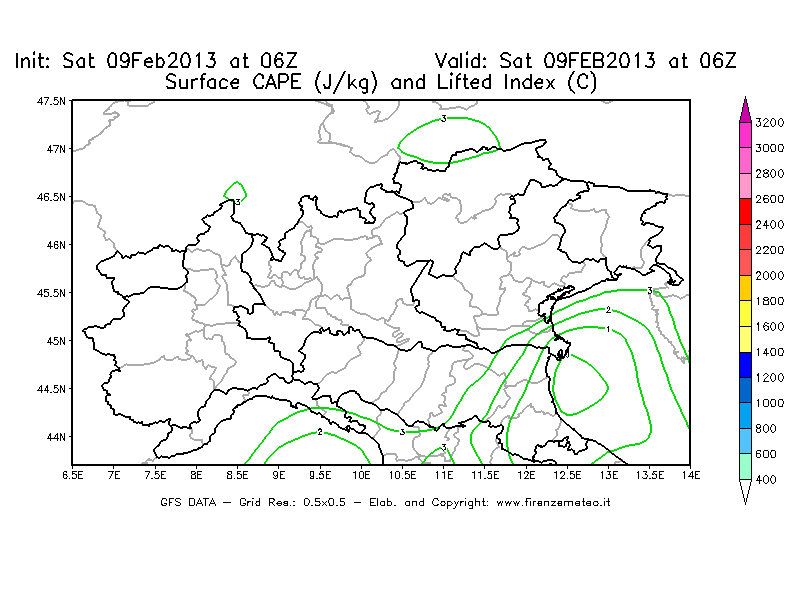 Mappa di analisi GFS - CAPE [J/kg] e Lifted Index [°C] in Nord-Italia
							del 09/02/2013 06 <!--googleoff: index-->UTC<!--googleon: index-->