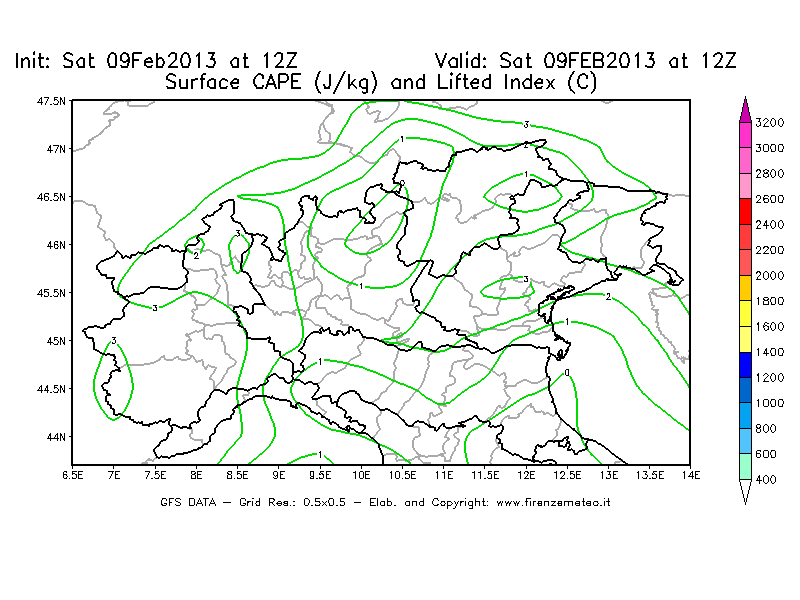 Mappa di analisi GFS - CAPE [J/kg] e Lifted Index [°C] in Nord-Italia
									del 09/02/2013 12 <!--googleoff: index-->UTC<!--googleon: index-->