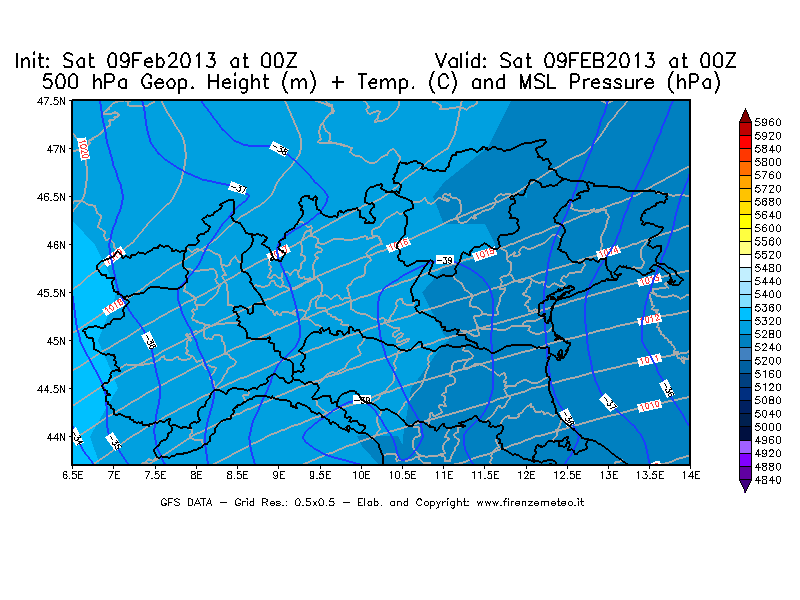 Mappa di analisi GFS - Geopotenziale [m] + Temp. [°C] a 500 hPa + Press. a livello del mare [hPa] in Nord-Italia
									del 09/02/2013 00 <!--googleoff: index-->UTC<!--googleon: index-->