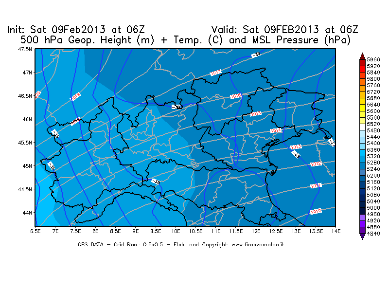 Mappa di analisi GFS - Geopotenziale [m] + Temp. [°C] a 500 hPa + Press. a livello del mare [hPa] in Nord-Italia
							del 09/02/2013 06 <!--googleoff: index-->UTC<!--googleon: index-->