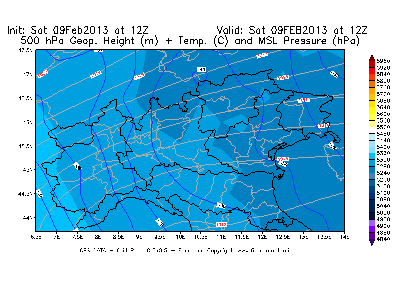 Mappa di analisi GFS - Geopotenziale [m] + Temp. [°C] a 500 hPa + Press. a livello del mare [hPa] in Nord-Italia
									del 09/02/2013 12 <!--googleoff: index-->UTC<!--googleon: index-->