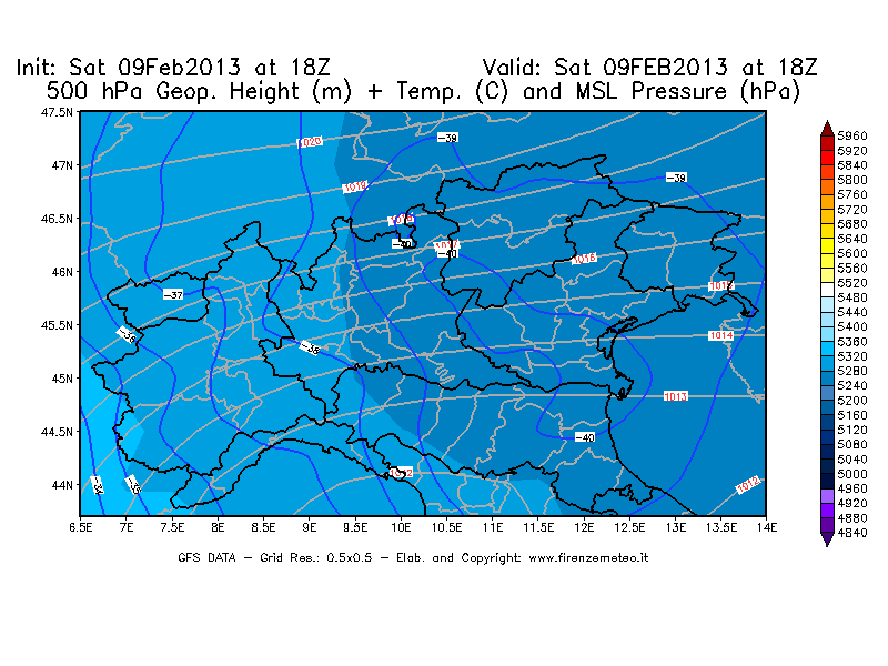Mappa di analisi GFS - Geopotenziale [m] + Temp. [°C] a 500 hPa + Press. a livello del mare [hPa] in Nord-Italia
									del 09/02/2013 18 <!--googleoff: index-->UTC<!--googleon: index-->