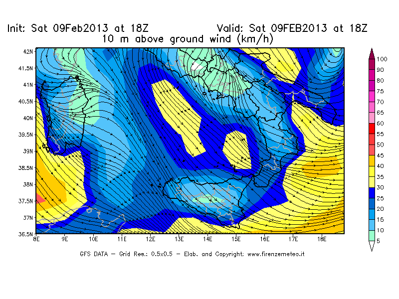 Mappa di analisi GFS - Velocità del vento a 10 metri dal suolo [km/h] in Sud-Italia
									del 09/02/2013 18 <!--googleoff: index-->UTC<!--googleon: index-->