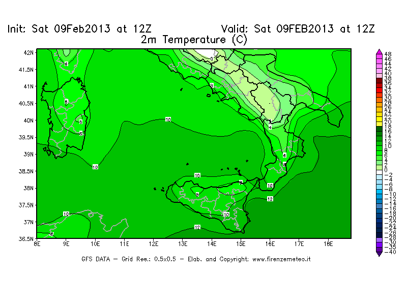 Mappa di analisi GFS - Temperatura a 2 metri dal suolo [°C] in Sud-Italia
							del 09/02/2013 12 <!--googleoff: index-->UTC<!--googleon: index-->