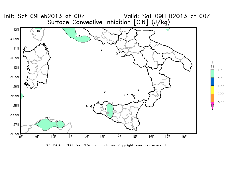 Mappa di analisi GFS - CIN [J/kg] in Sud-Italia
							del 09/02/2013 00 <!--googleoff: index-->UTC<!--googleon: index-->