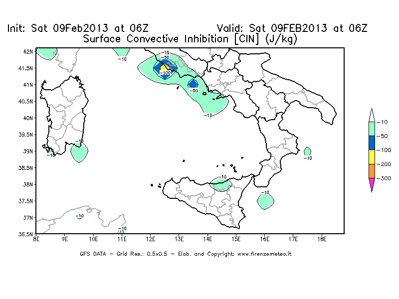 Mappa di analisi GFS - CIN [J/kg] in Sud-Italia
									del 09/02/2013 06 <!--googleoff: index-->UTC<!--googleon: index-->