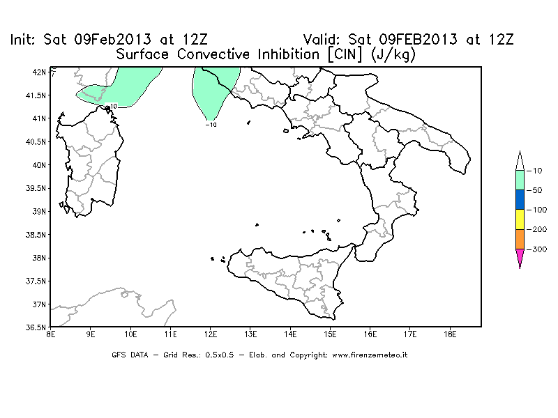 Mappa di analisi GFS - CIN [J/kg] in Sud-Italia
							del 09/02/2013 12 <!--googleoff: index-->UTC<!--googleon: index-->
