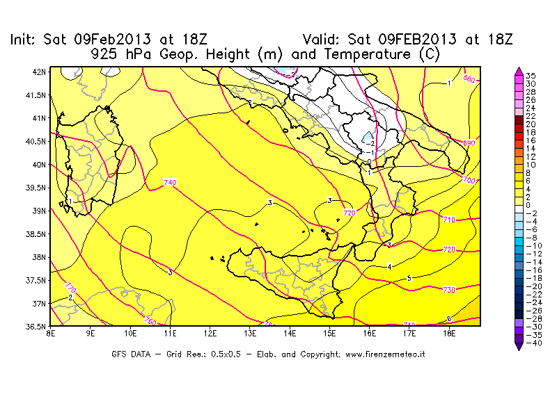 Mappa di analisi GFS - Geopotenziale [m] e Temperatura [°C] a 925 hPa in Sud-Italia
									del 09/02/2013 18 <!--googleoff: index-->UTC<!--googleon: index-->