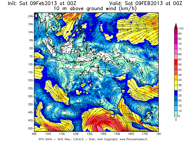 Mappa di analisi GFS - Velocità del vento a 10 metri dal suolo [km/h] in Oceania
							del 09/02/2013 00 <!--googleoff: index-->UTC<!--googleon: index-->