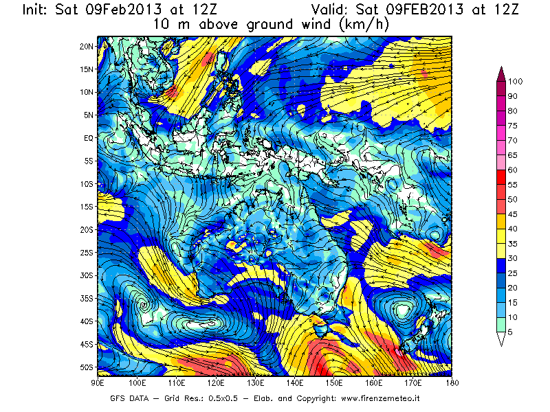 Mappa di analisi GFS - Velocità del vento a 10 metri dal suolo [km/h] in Oceania
									del 09/02/2013 12 <!--googleoff: index-->UTC<!--googleon: index-->