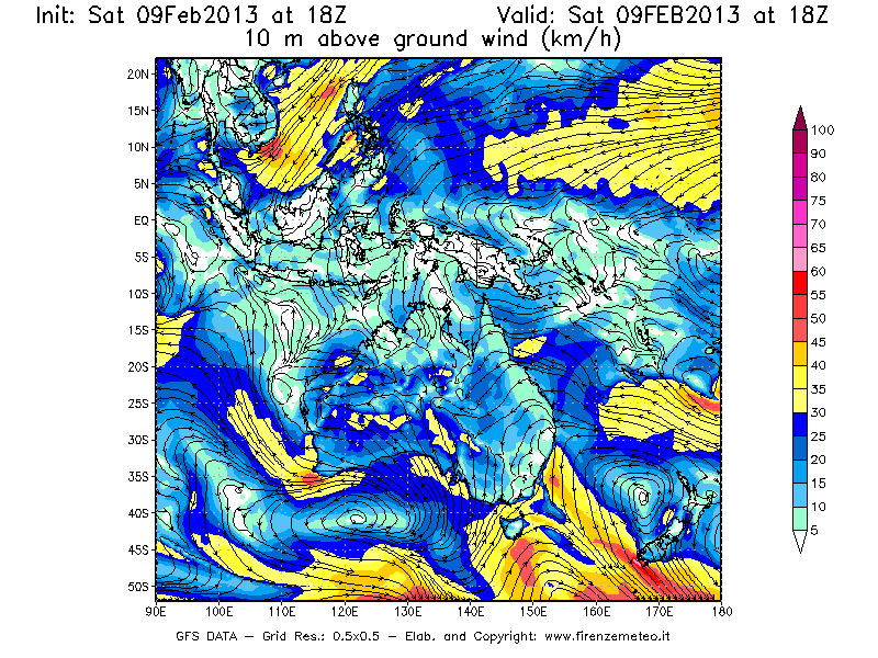 Mappa di analisi GFS - Velocità del vento a 10 metri dal suolo [km/h] in Oceania
							del 09/02/2013 18 <!--googleoff: index-->UTC<!--googleon: index-->