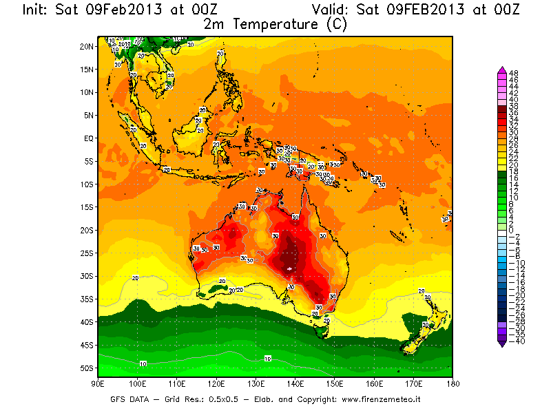 Mappa di analisi GFS - Temperatura a 2 metri dal suolo [°C] in Oceania
									del 09/02/2013 00 <!--googleoff: index-->UTC<!--googleon: index-->