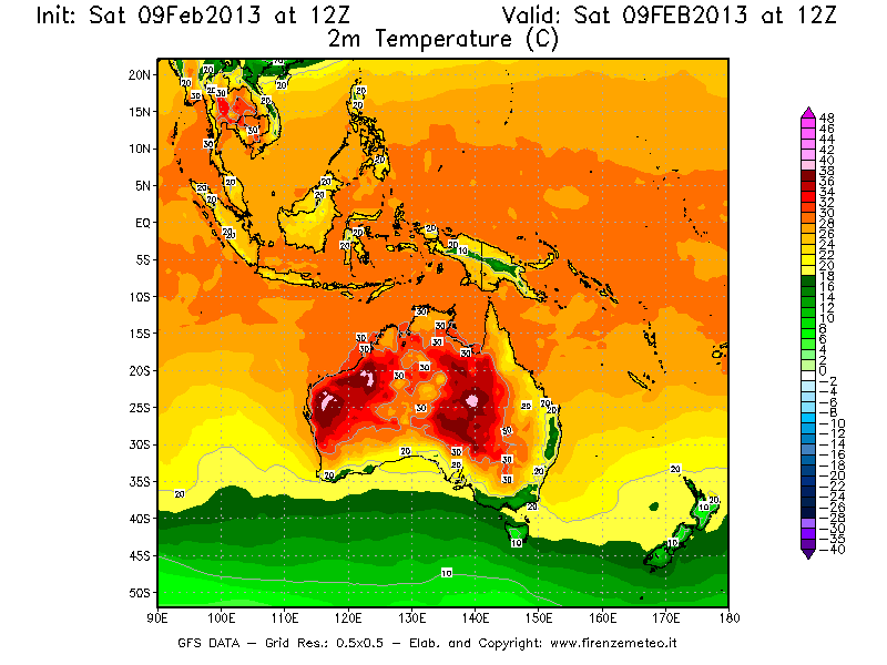Mappa di analisi GFS - Temperatura a 2 metri dal suolo [°C] in Oceania
							del 09/02/2013 12 <!--googleoff: index-->UTC<!--googleon: index-->